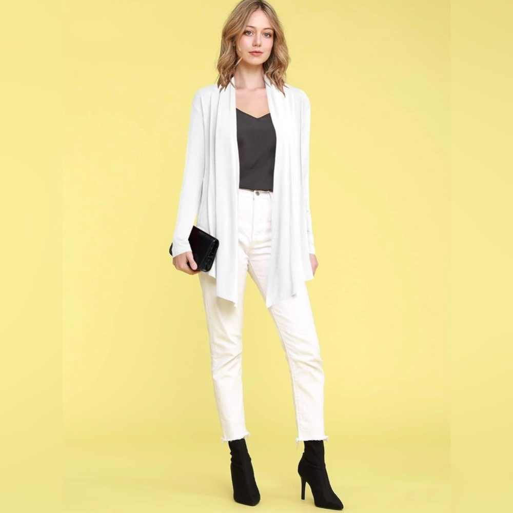 Draped Front Open Cardigan Casual Long Sleeve Lightweight Cardigan -white - Picture 5 of 6